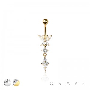 316L SURGICAL STEEL BUTTERFLY MARQUISE AND ROUND CUT CUBIC ZIRCONIA DANGLE BELLY BUTTON NAVEL RING 